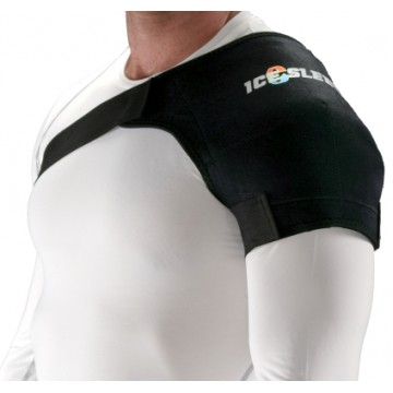 Man wearing form fitting black shoulder Ice Sleeve